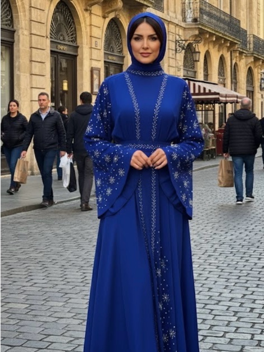 Modest Royal Blue Embellished Long Sleeve Dress